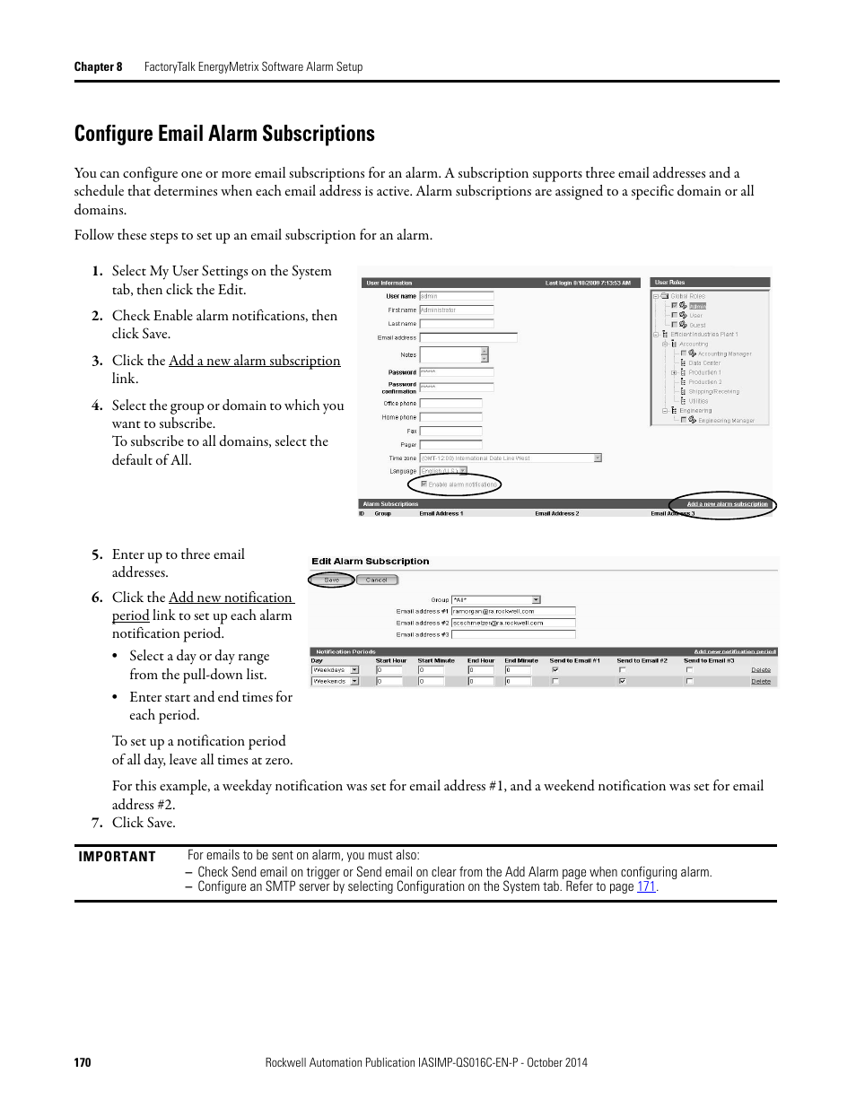 Configure email alarm subscriptions, Configure email alarm, Subscriptions | Configure, Email alarm subscriptions | Rockwell Automation Energy Management Accelerator Toolkit Quick Start User Manual | Page 170 / 452