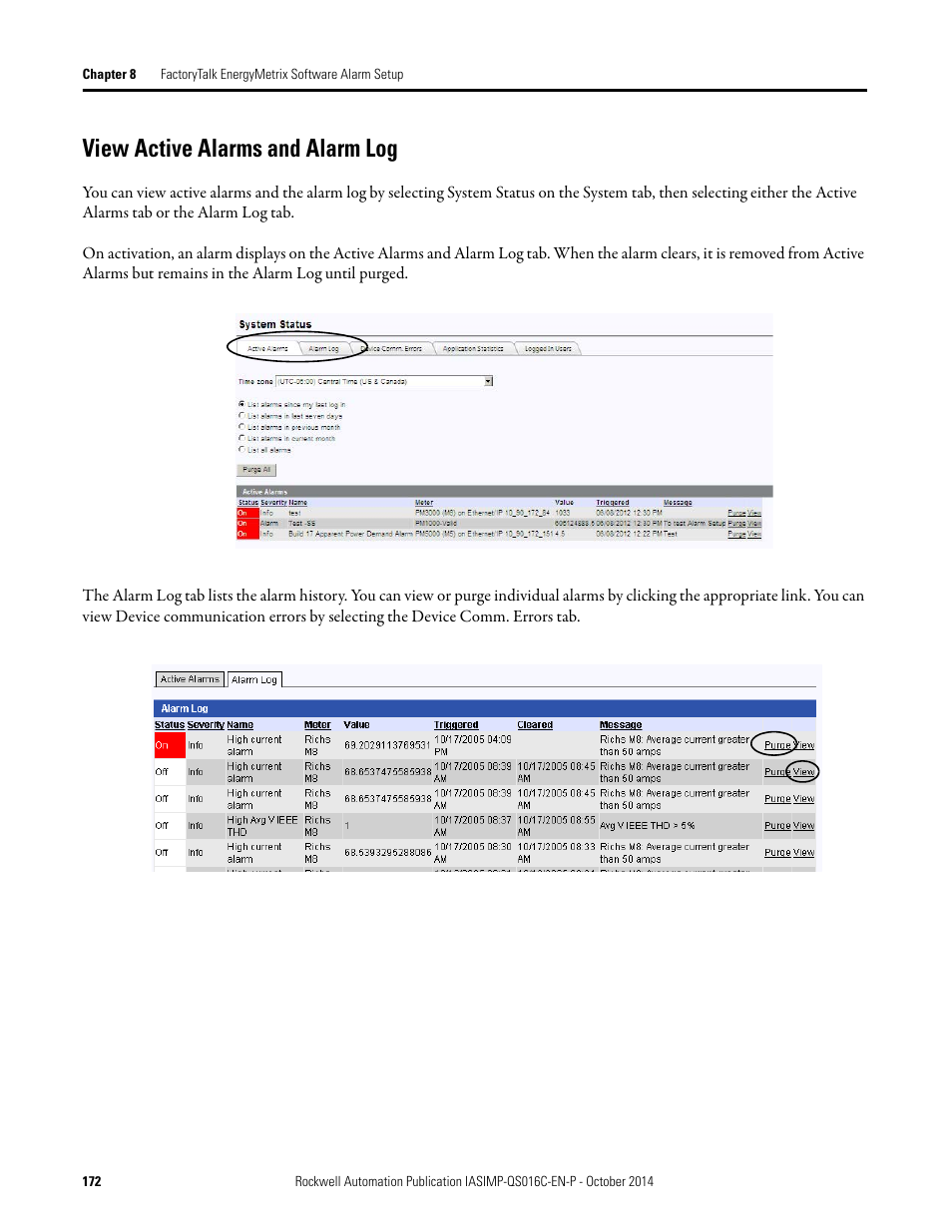 View active alarms and alarm log, View active alarms and, Alarm log | Rockwell Automation Energy Management Accelerator Toolkit Quick Start User Manual | Page 172 / 452