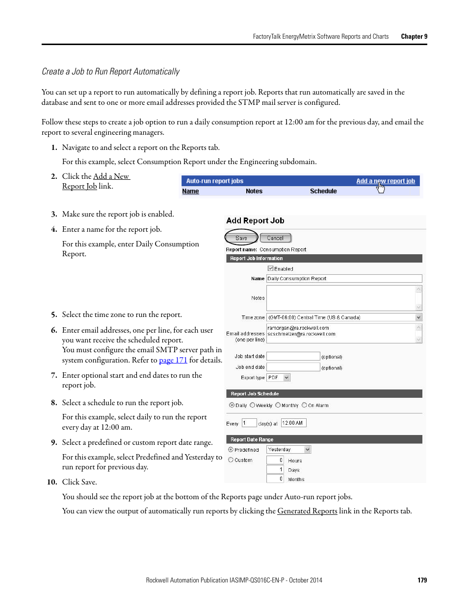 Create a job to run report, Automatically | Rockwell Automation Energy Management Accelerator Toolkit Quick Start User Manual | Page 179 / 452