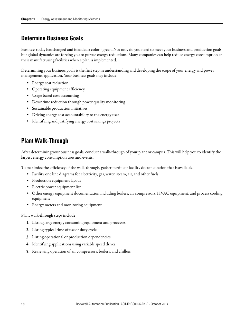 Determine business goals, Plant walk-through, Determine business goals plant walk-through | Rockwell Automation Energy Management Accelerator Toolkit Quick Start User Manual | Page 18 / 452