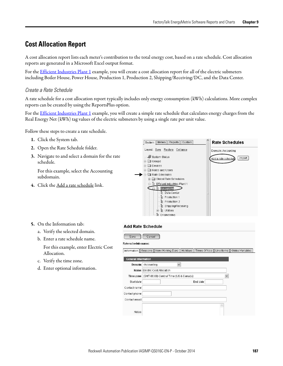 Cost allocation report, Create a rate schedule | Rockwell Automation Energy Management Accelerator Toolkit Quick Start User Manual | Page 187 / 452