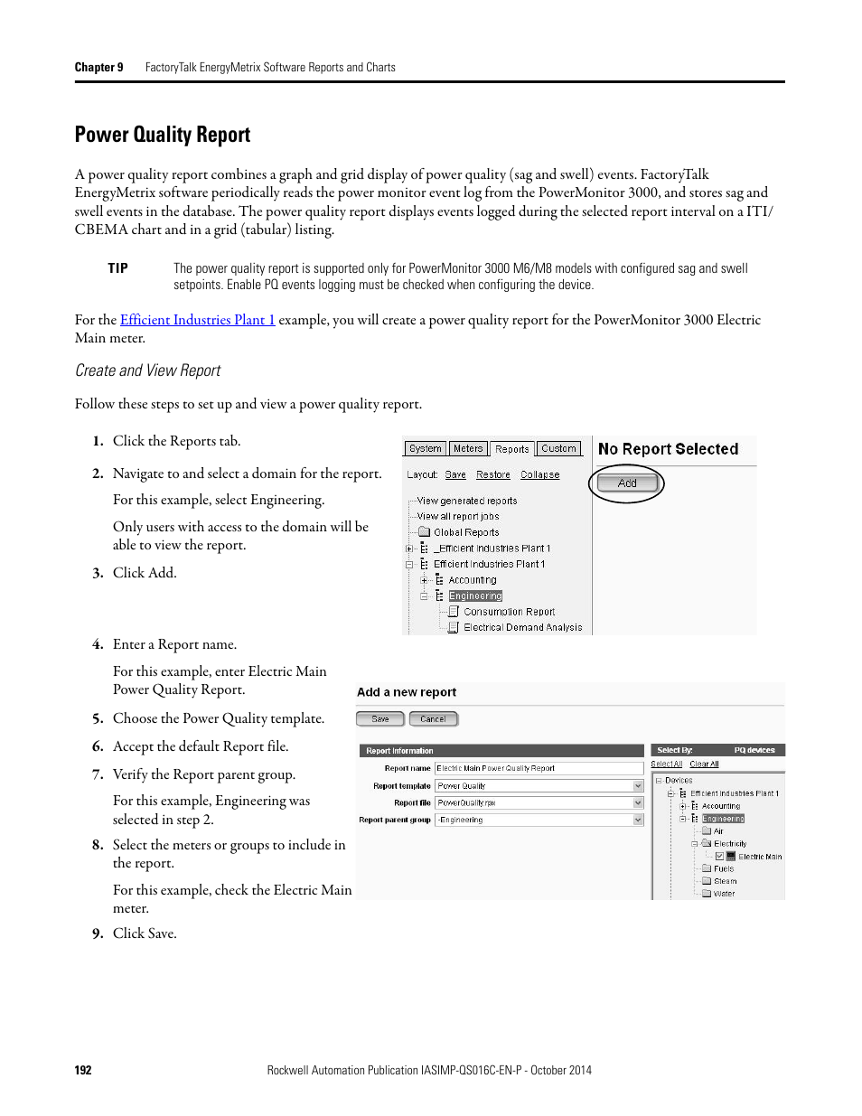 Power quality report, Create and view report | Rockwell Automation Energy Management Accelerator Toolkit Quick Start User Manual | Page 192 / 452