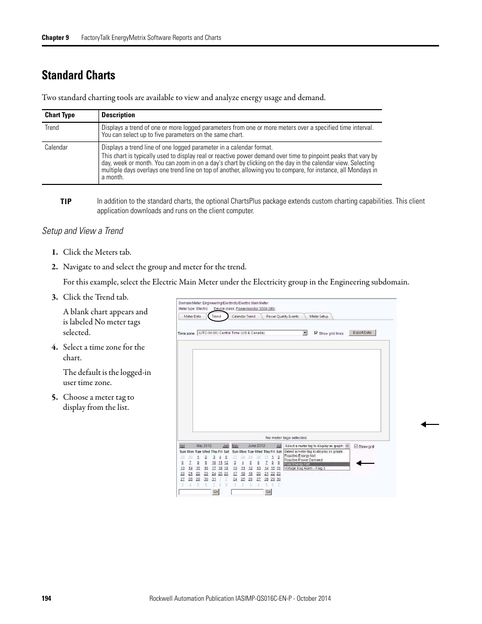 Standard charts, Setup and view a trend | Rockwell Automation Energy Management Accelerator Toolkit Quick Start User Manual | Page 194 / 452