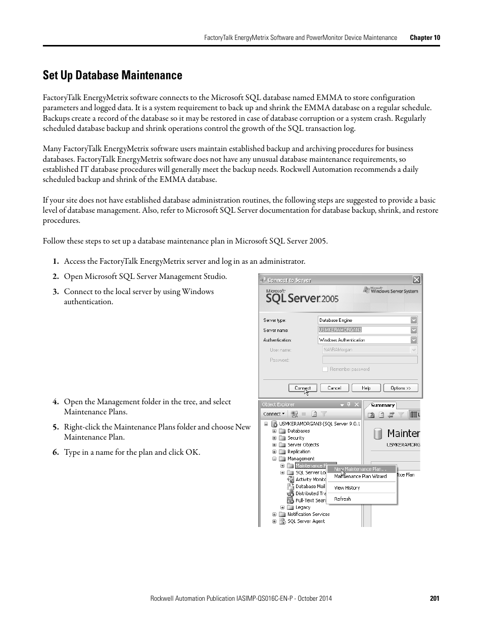 Set up database maintenance | Rockwell Automation Energy Management Accelerator Toolkit Quick Start User Manual | Page 201 / 452