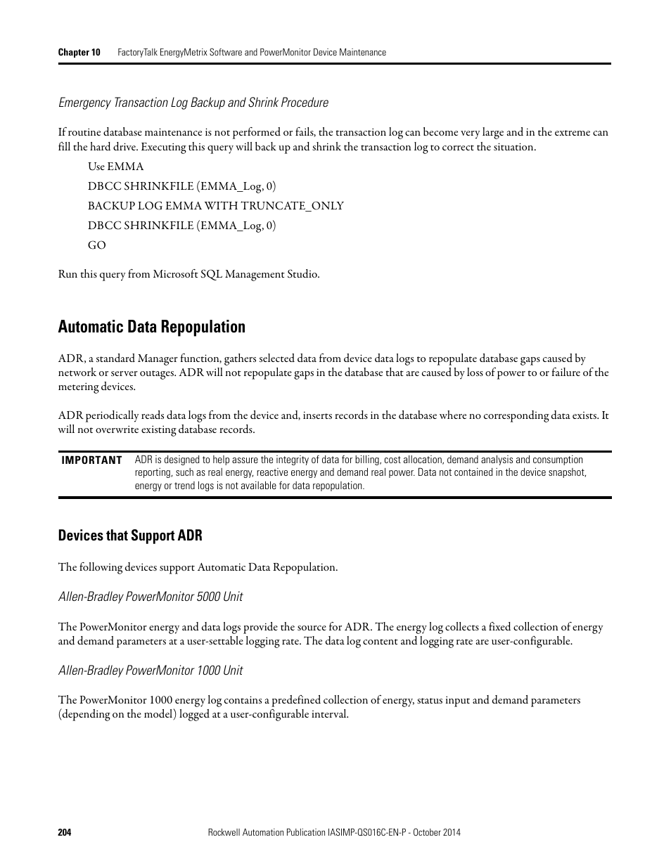 Automatic data repopulation, Devices that support adr | Rockwell Automation Energy Management Accelerator Toolkit Quick Start User Manual | Page 204 / 452