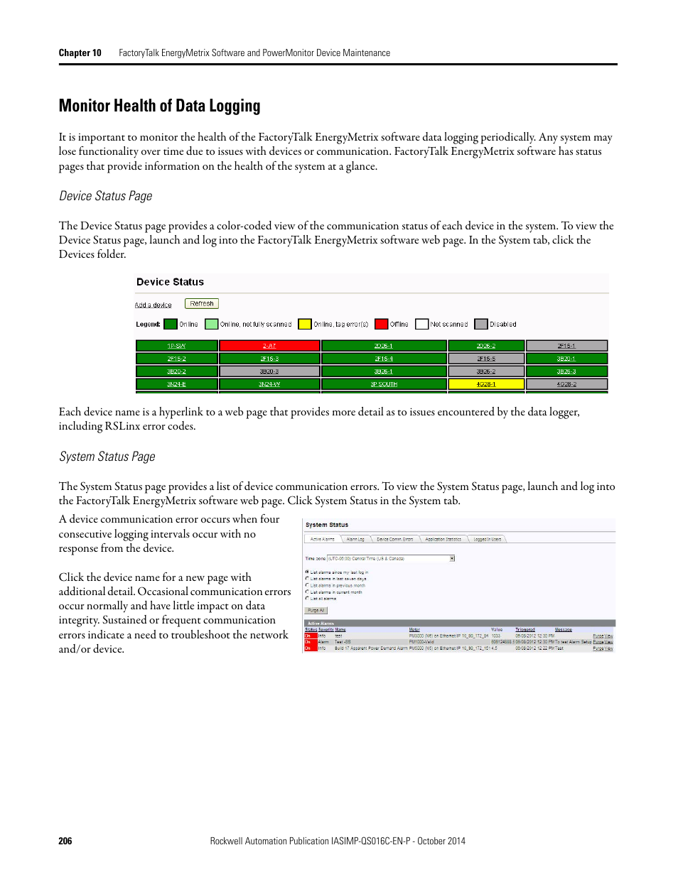 Monitor health of data logging | Rockwell Automation Energy Management Accelerator Toolkit Quick Start User Manual | Page 206 / 452