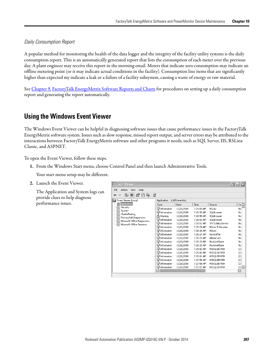 Using the windows event viewer | Rockwell Automation Energy Management Accelerator Toolkit Quick Start User Manual | Page 207 / 452