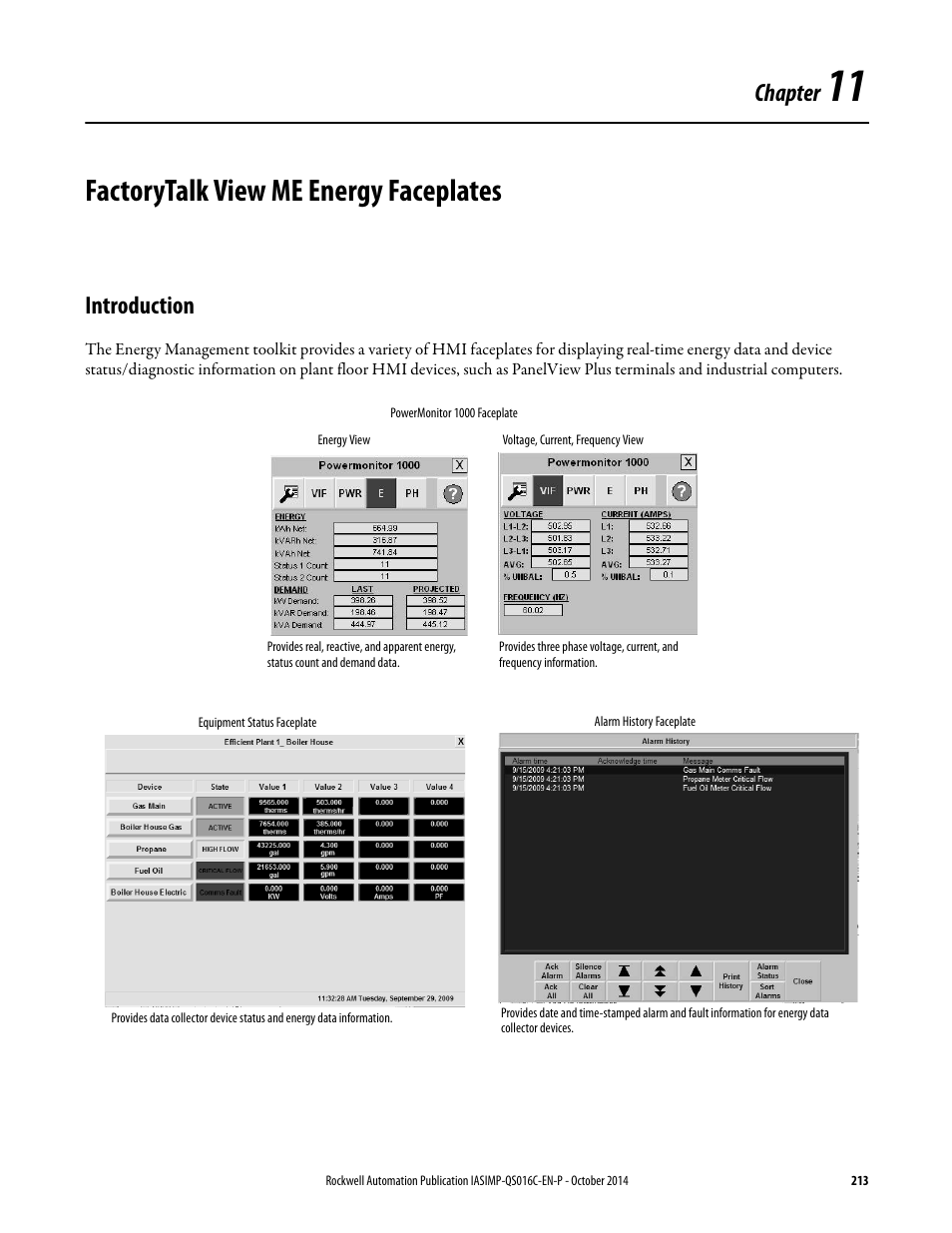 11 - factorytalk view me energy faceplates, Introduction, Chapter 11 | Factorytalk view me energy faceplates, Chapter | Rockwell Automation Energy Management Accelerator Toolkit Quick Start User Manual | Page 213 / 452