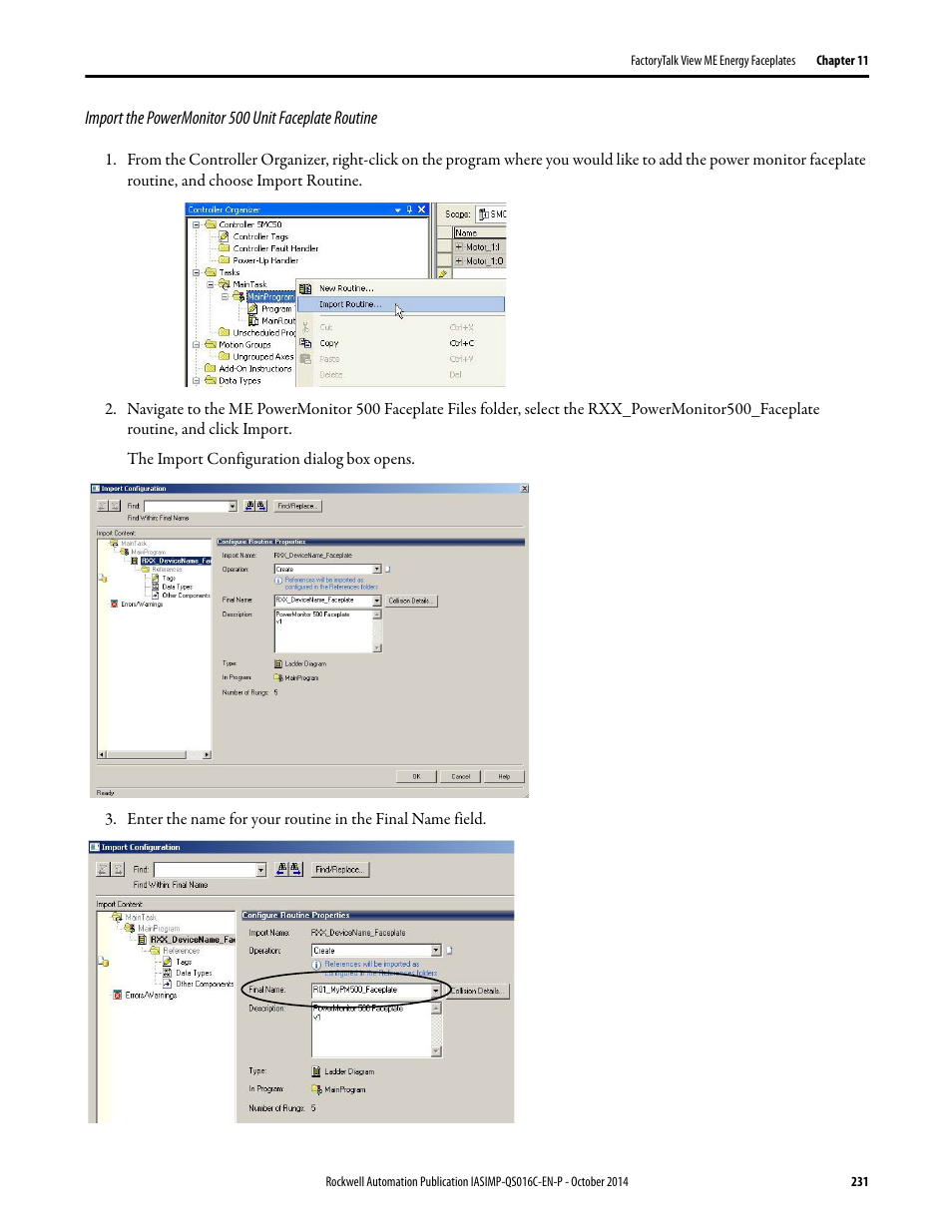 Import the powermonitor 500 unit faceplate routine | Rockwell Automation Energy Management Accelerator Toolkit Quick Start User Manual | Page 231 / 452