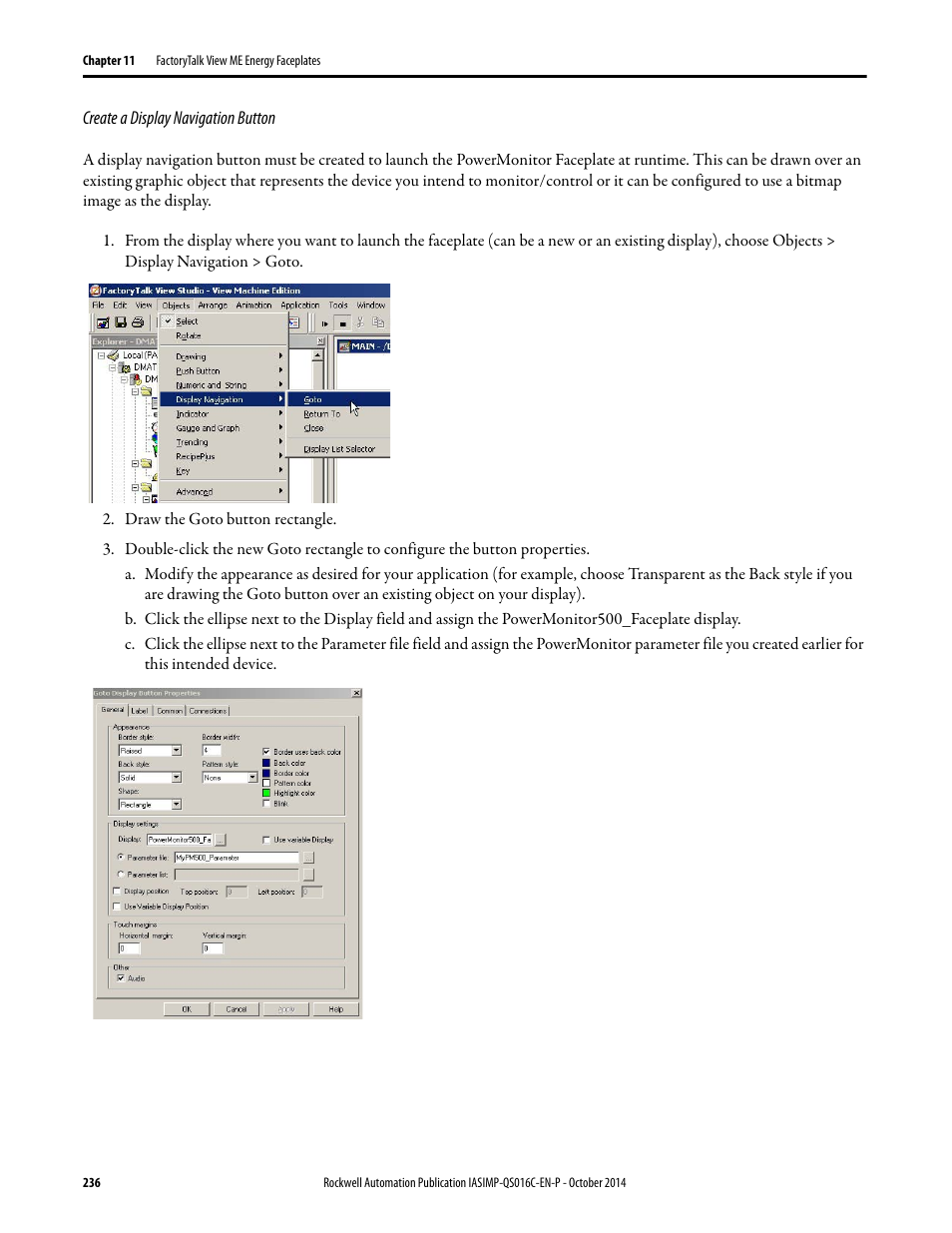 Create a display navigation button | Rockwell Automation Energy Management Accelerator Toolkit Quick Start User Manual | Page 236 / 452