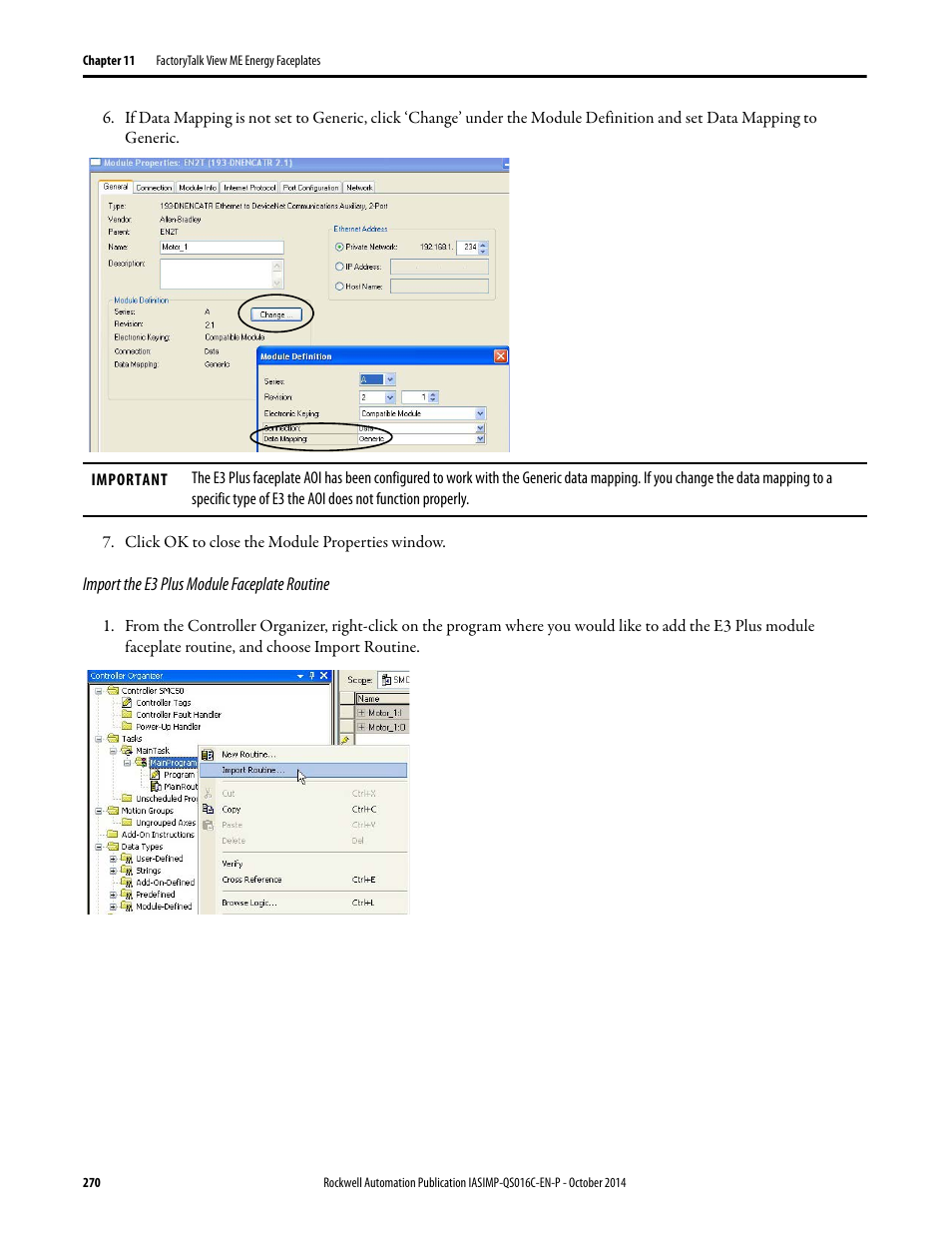 Import the e3 plus module faceplate routine | Rockwell Automation Energy Management Accelerator Toolkit Quick Start User Manual | Page 270 / 452