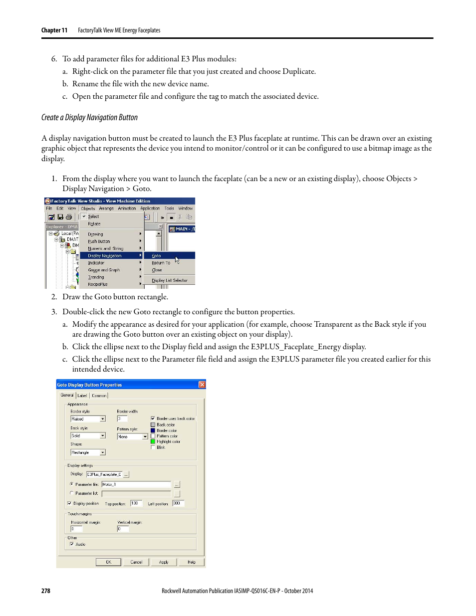 Create a display navigation button | Rockwell Automation Energy Management Accelerator Toolkit Quick Start User Manual | Page 278 / 452