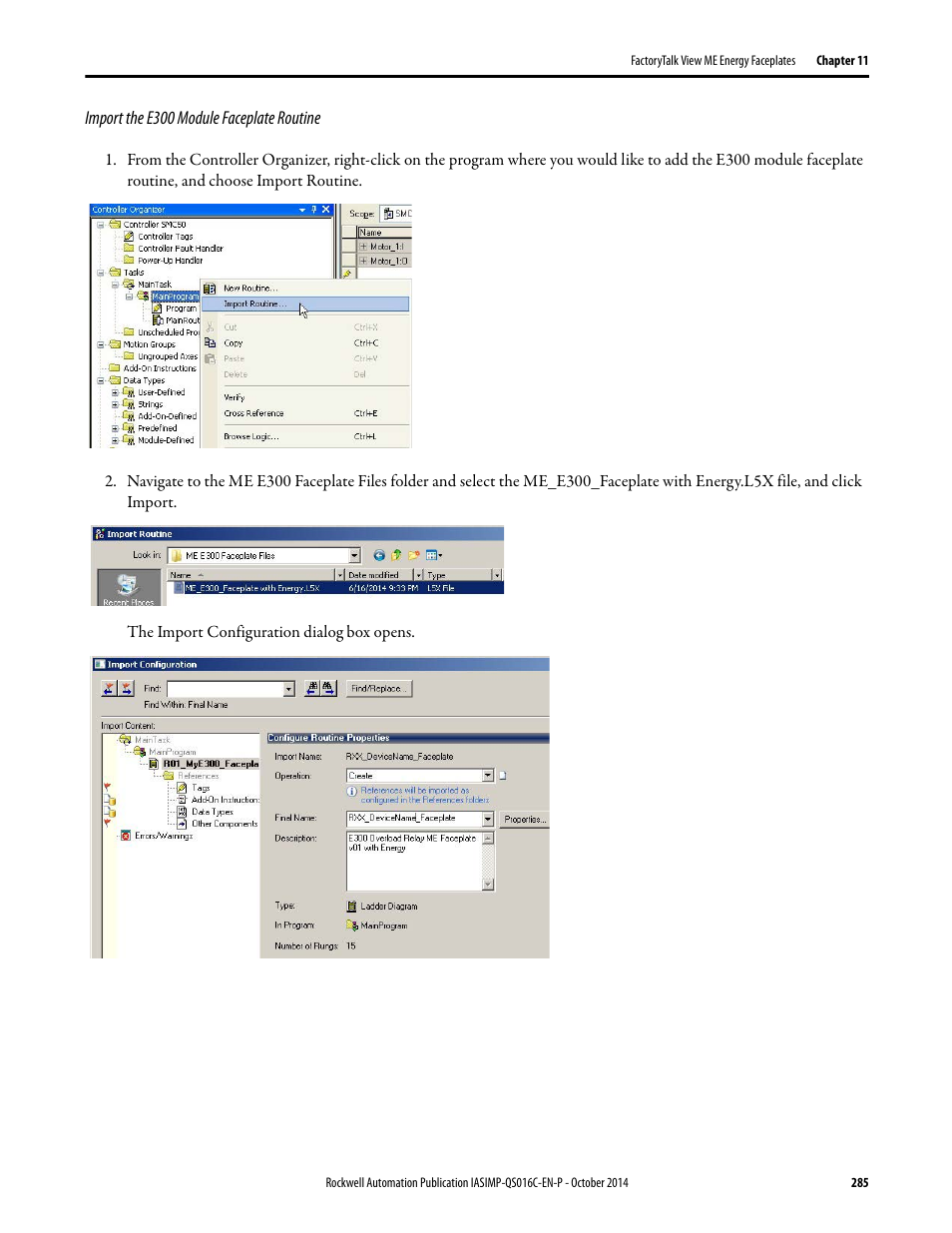 Import the e300 module faceplate routine | Rockwell Automation Energy Management Accelerator Toolkit Quick Start User Manual | Page 285 / 452