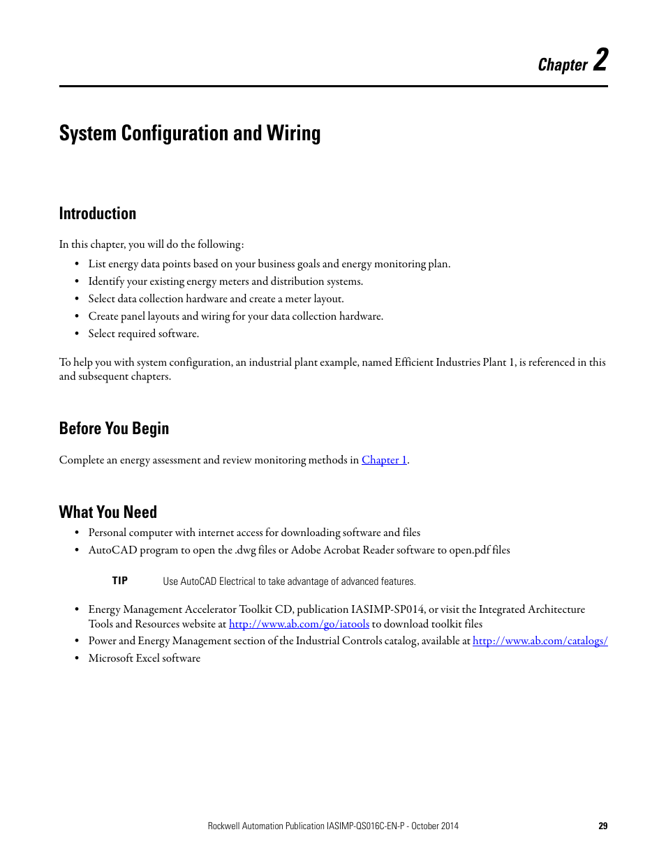 2 - system configuration and wiring, Introduction, Before you begin | What you need, Chapter 2, System configuration and wiring, Introduction before you begin what you need, Chapter | Rockwell Automation Energy Management Accelerator Toolkit Quick Start User Manual | Page 29 / 452