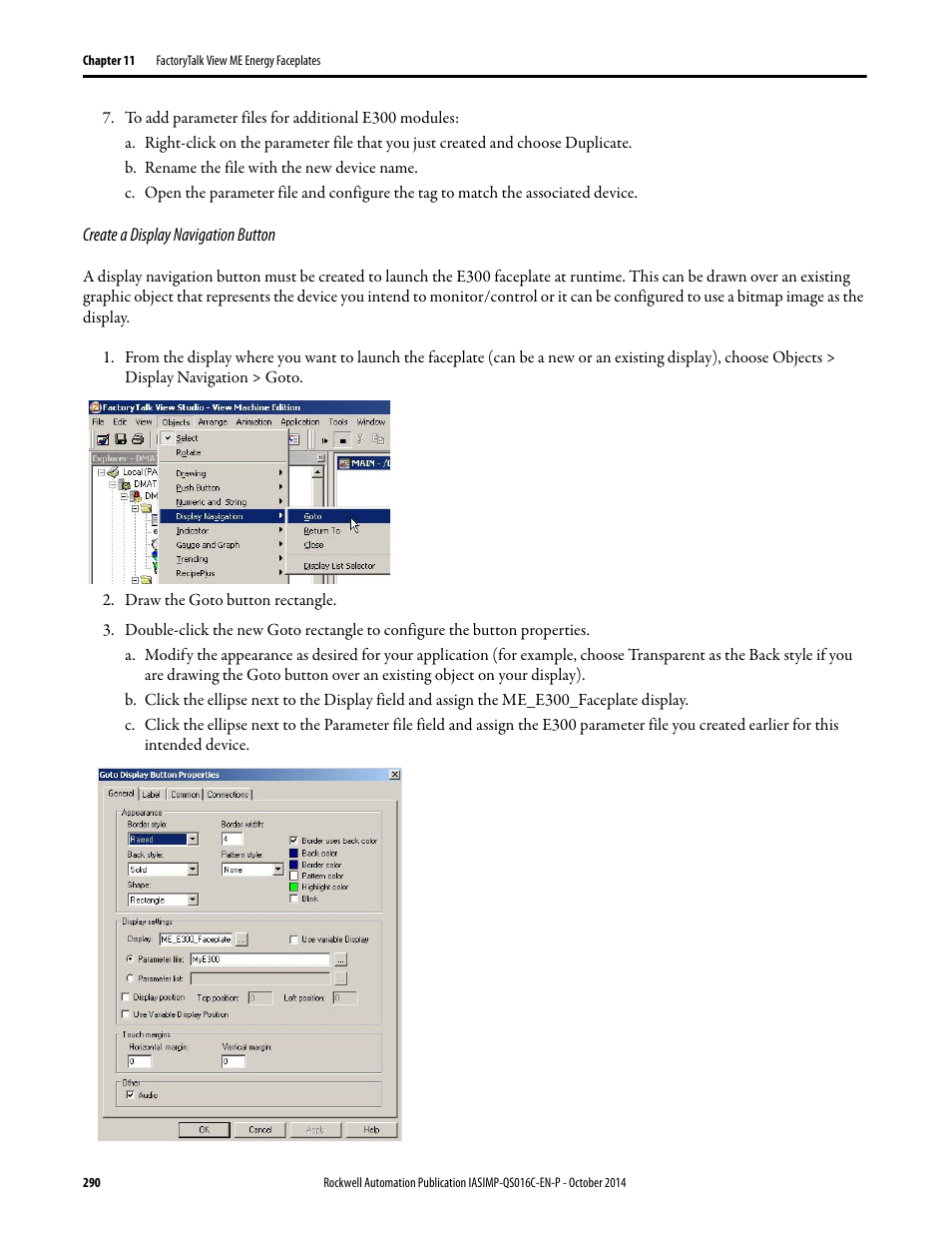 Create a display navigation button | Rockwell Automation Energy Management Accelerator Toolkit Quick Start User Manual | Page 290 / 452