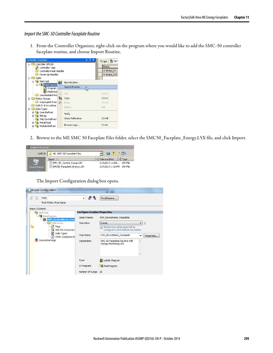 Import the smc-50 controller faceplate routine | Rockwell Automation Energy Management Accelerator Toolkit Quick Start User Manual | Page 295 / 452