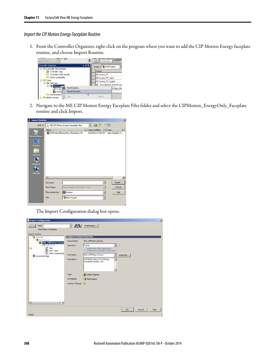 Import the cip motion energy faceplate routine | Rockwell Automation Energy Management Accelerator Toolkit Quick Start User Manual | Page 308 / 452