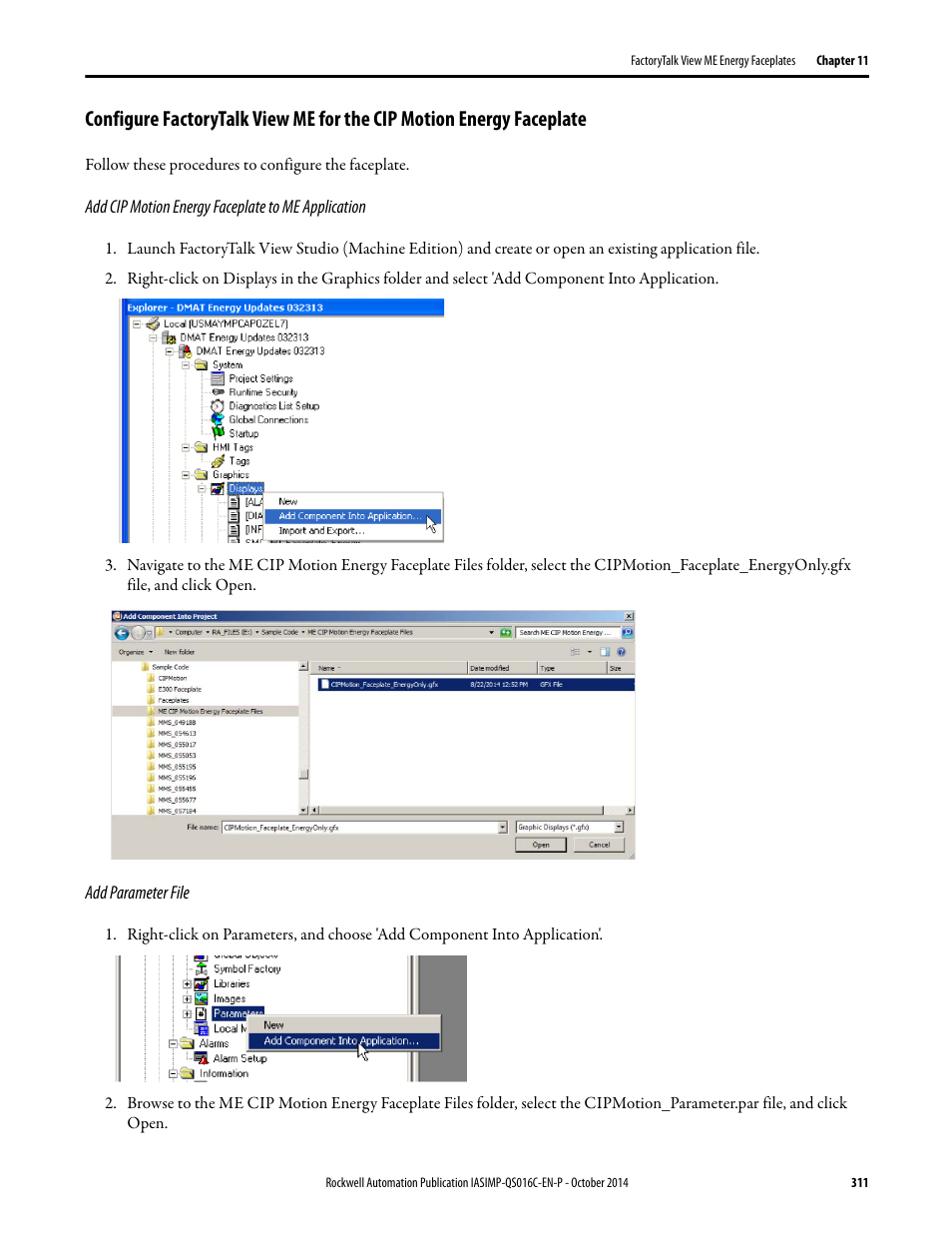 Add cip motion energy faceplate to me application, Add parameter file | Rockwell Automation Energy Management Accelerator Toolkit Quick Start User Manual | Page 311 / 452