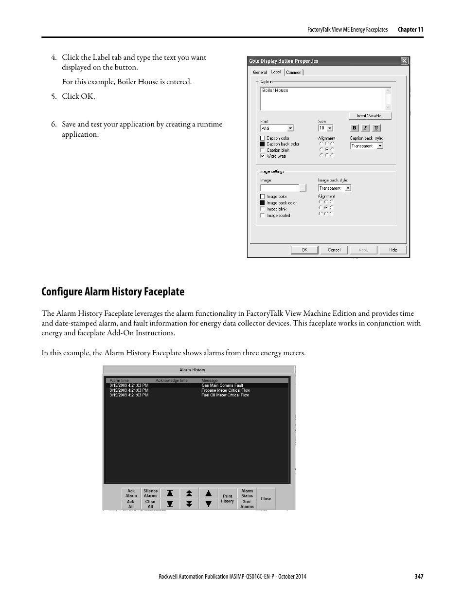 Configure alarm history faceplate | Rockwell Automation Energy Management Accelerator Toolkit Quick Start User Manual | Page 347 / 452