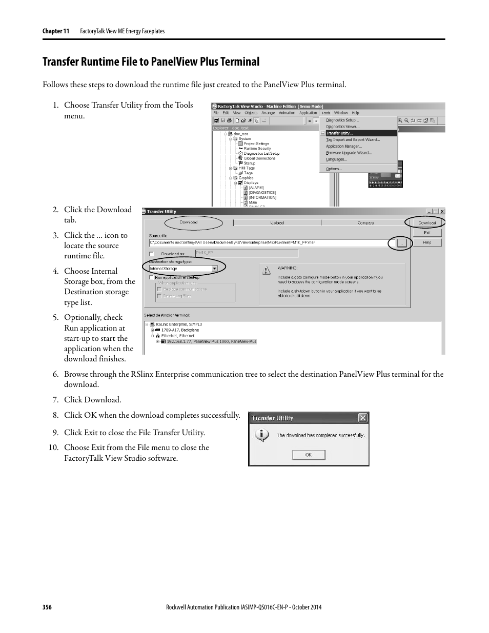 Transfer runtime file to panelview plus terminal | Rockwell Automation Energy Management Accelerator Toolkit Quick Start User Manual | Page 356 / 452