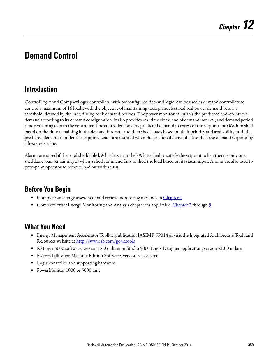 12 - demand control, Introduction, Before you begin | What you need, Chapter 12, Demand control, Introduction before you begin what you need, Chapter | Rockwell Automation Energy Management Accelerator Toolkit Quick Start User Manual | Page 359 / 452