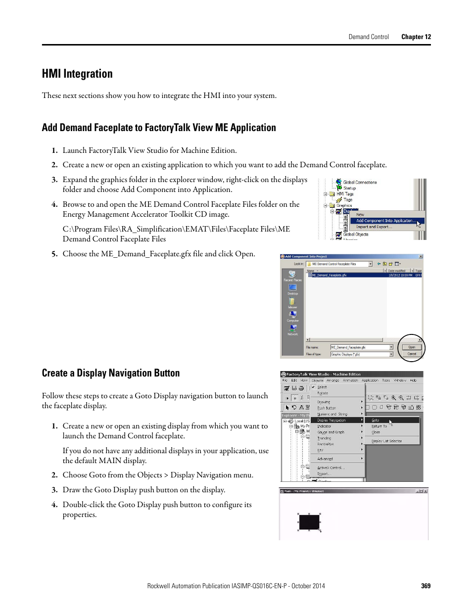 Hmi integration, Create a display navigation button | Rockwell Automation Energy Management Accelerator Toolkit Quick Start User Manual | Page 369 / 452