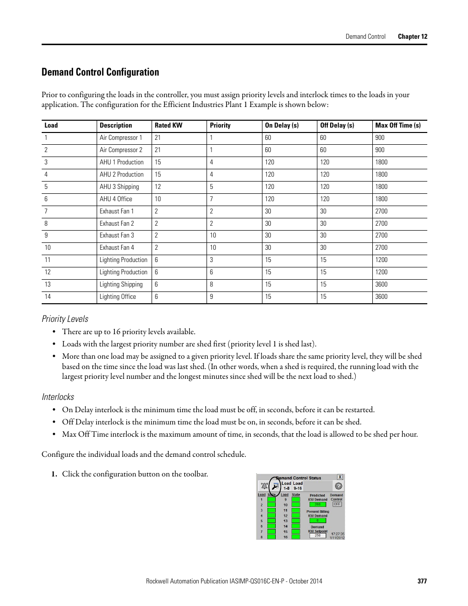 Demand control configuration, Priority levels, Interlocks | Rockwell Automation Energy Management Accelerator Toolkit Quick Start User Manual | Page 377 / 452