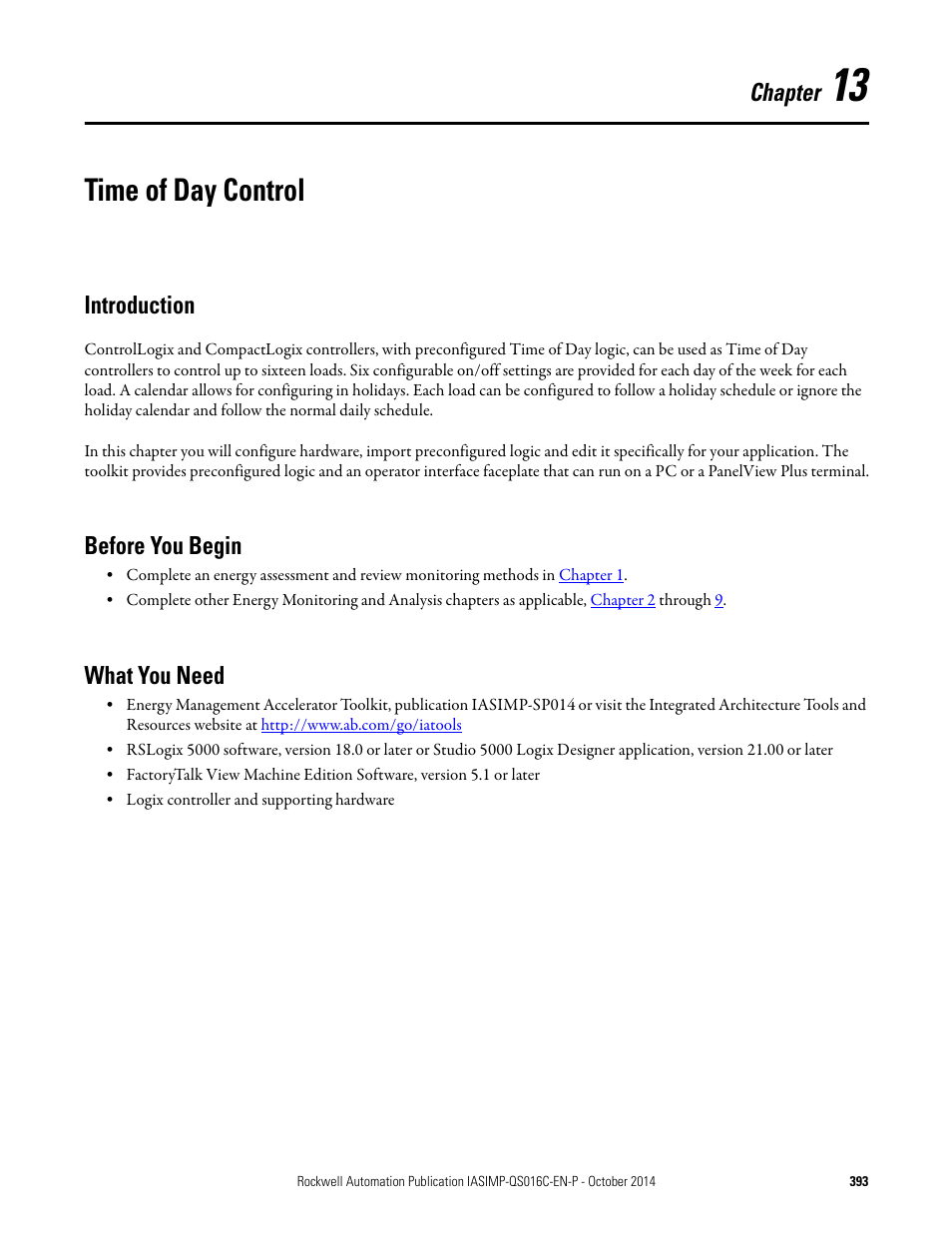 13 - time of day control, Introduction, Before you begin | What you need, Chapter 13, Time of day control, Introduction before you begin what you need, Chapter | Rockwell Automation Energy Management Accelerator Toolkit Quick Start User Manual | Page 393 / 452