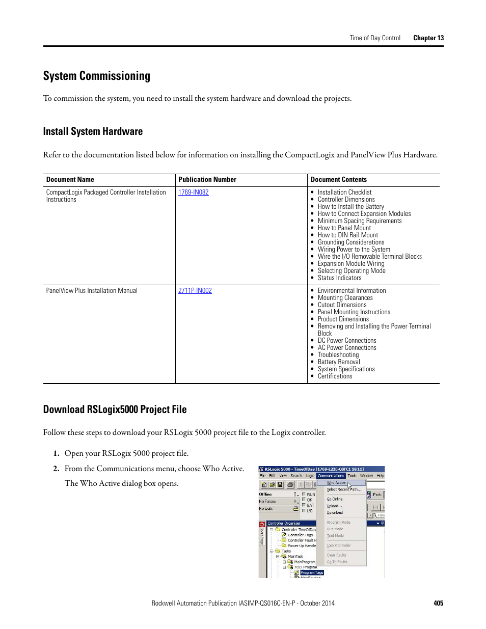 System commissioning, Install system hardware, Download rslogix5000 project file | Rockwell Automation Energy Management Accelerator Toolkit Quick Start User Manual | Page 405 / 452