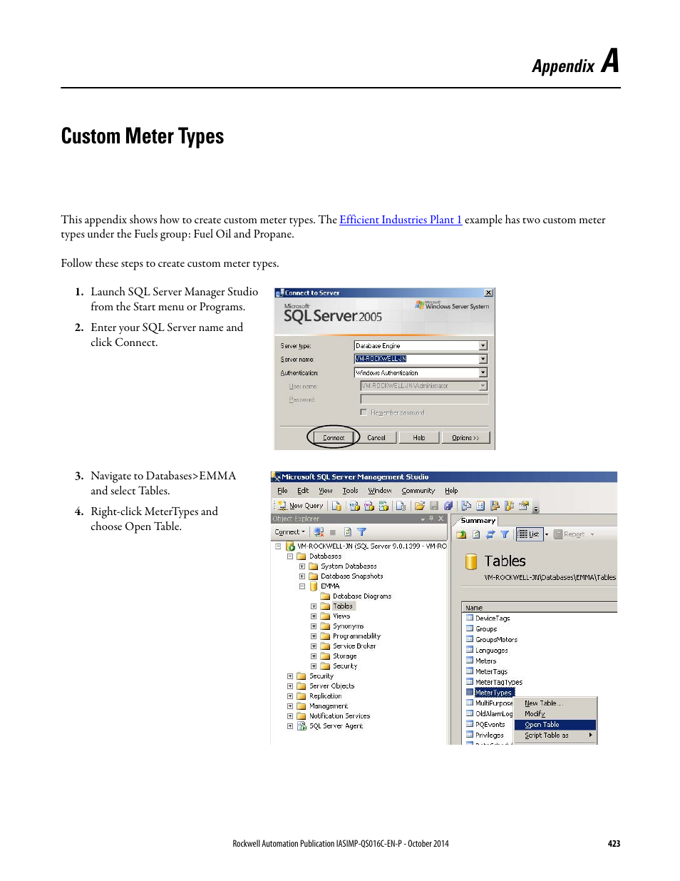 A - custom meter types, Appendix a, Custom meter types | R to, Appendix | Rockwell Automation Energy Management Accelerator Toolkit Quick Start User Manual | Page 423 / 452