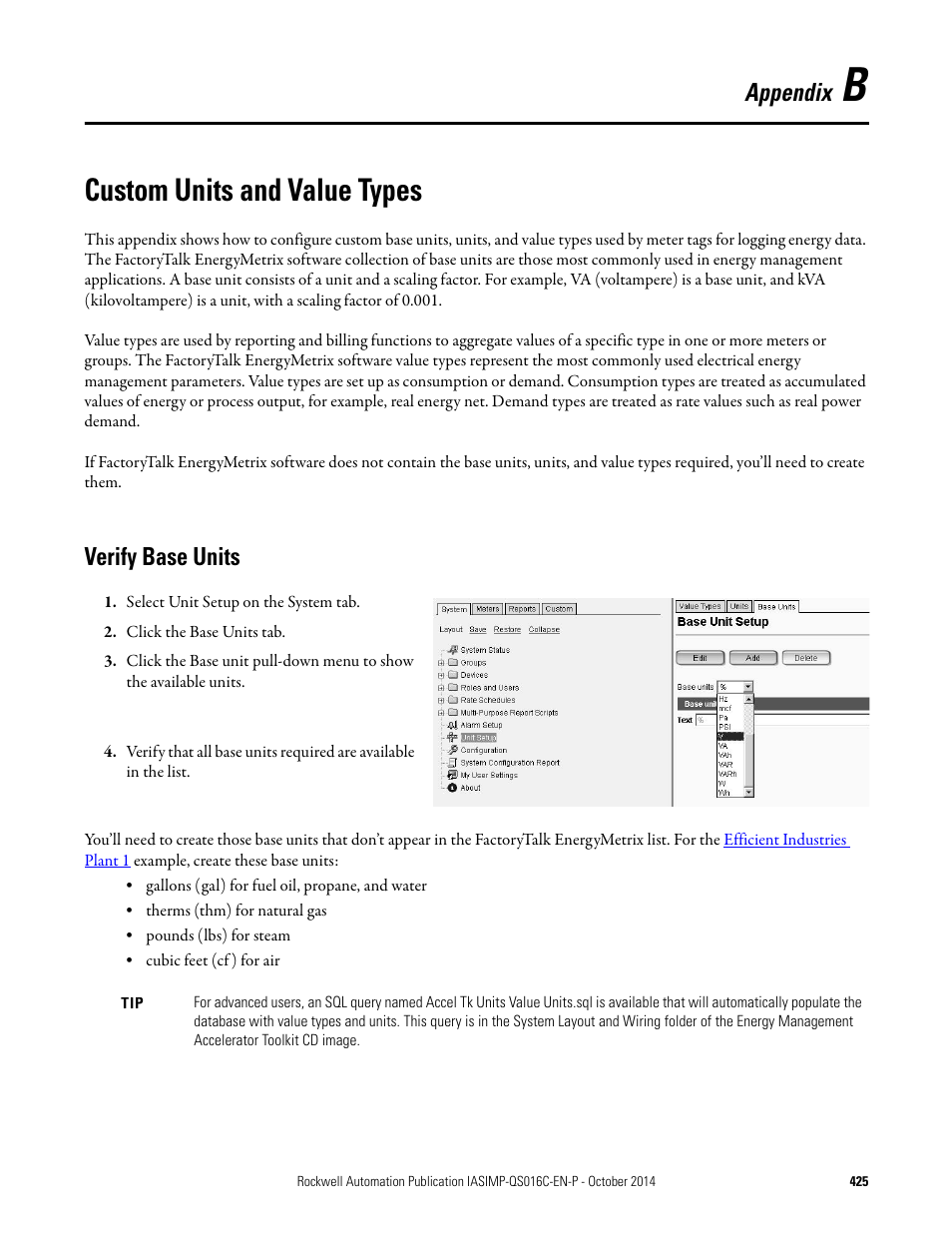 B - custom units and value types, Verify base units, Appendix b | Custom units and value types, Appendix | Rockwell Automation Energy Management Accelerator Toolkit Quick Start User Manual | Page 425 / 452