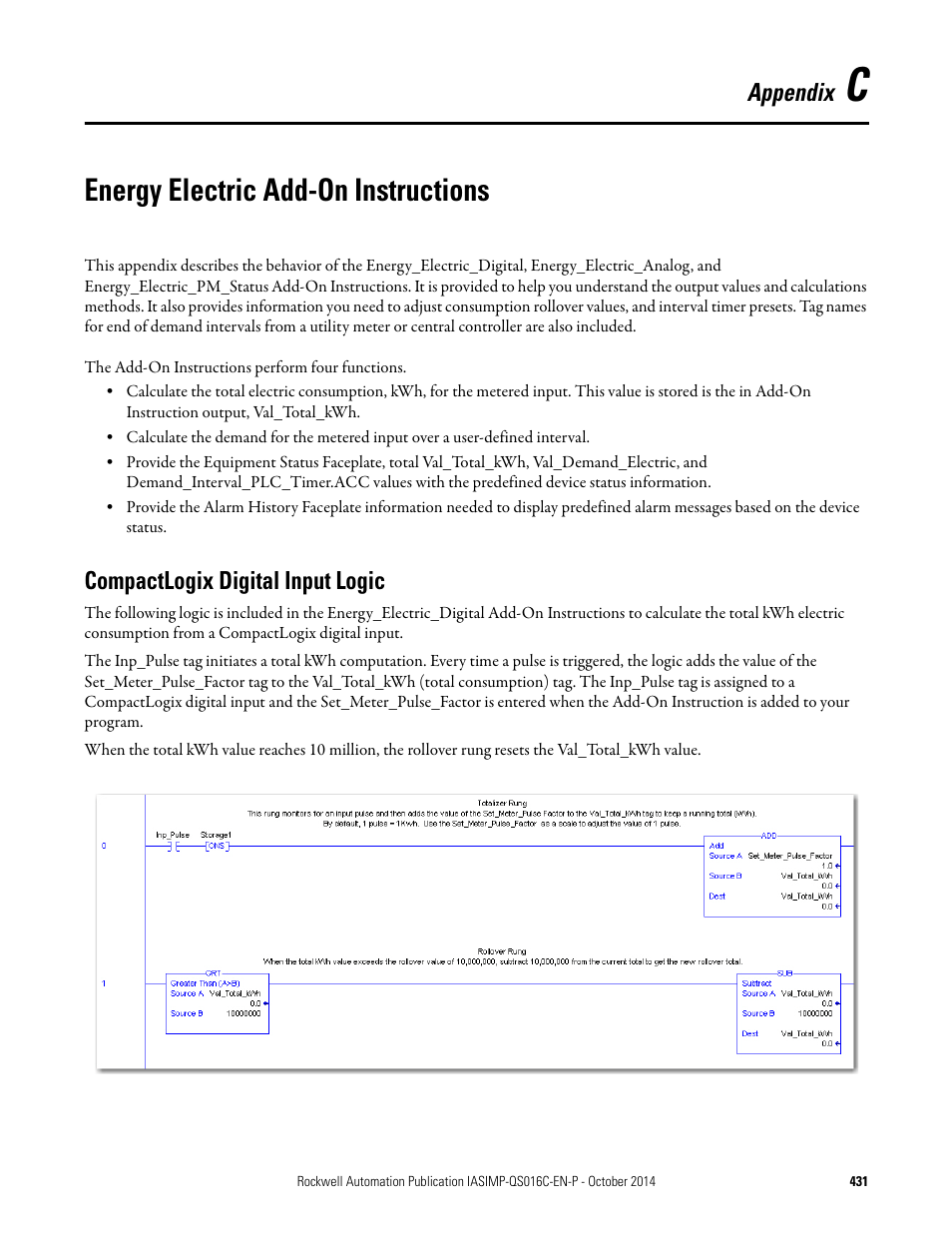 C - energy electric add-on instructions, Compactlogix digital input logic, Appendix c | Energy electric add-on instructions, Energy electric add, On instructions, To appendix c, Energy electric add-on, Instructions, Appendix | Rockwell Automation Energy Management Accelerator Toolkit Quick Start User Manual | Page 431 / 452