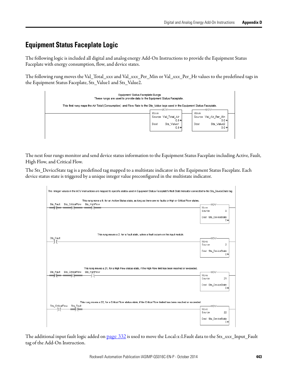 Equipment status faceplate logic | Rockwell Automation Energy Management Accelerator Toolkit Quick Start User Manual | Page 443 / 452