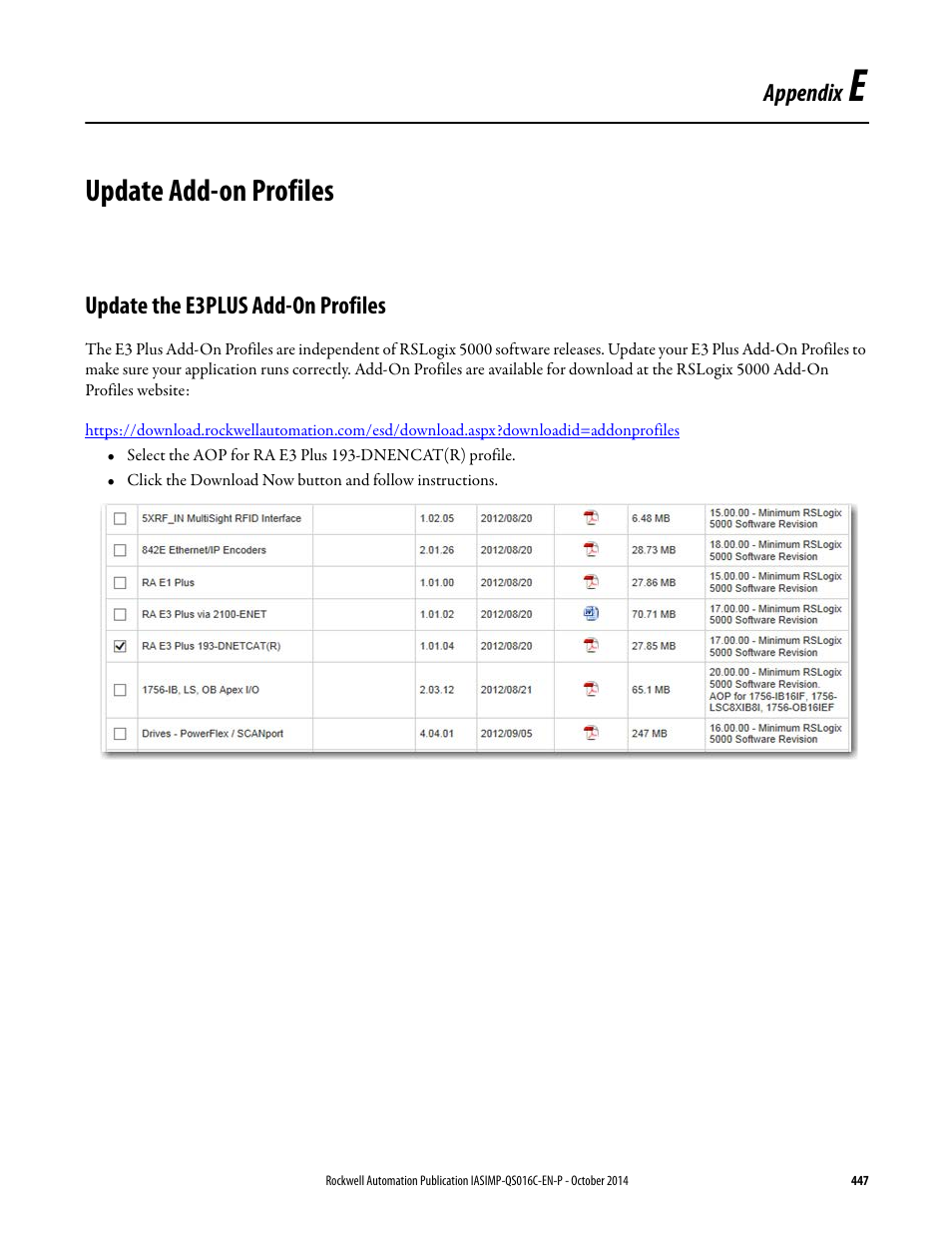 Update add-on profiles, Update the e3plus add-on profiles, Appendix e | Rockwell Automation Energy Management Accelerator Toolkit Quick Start User Manual | Page 447 / 452