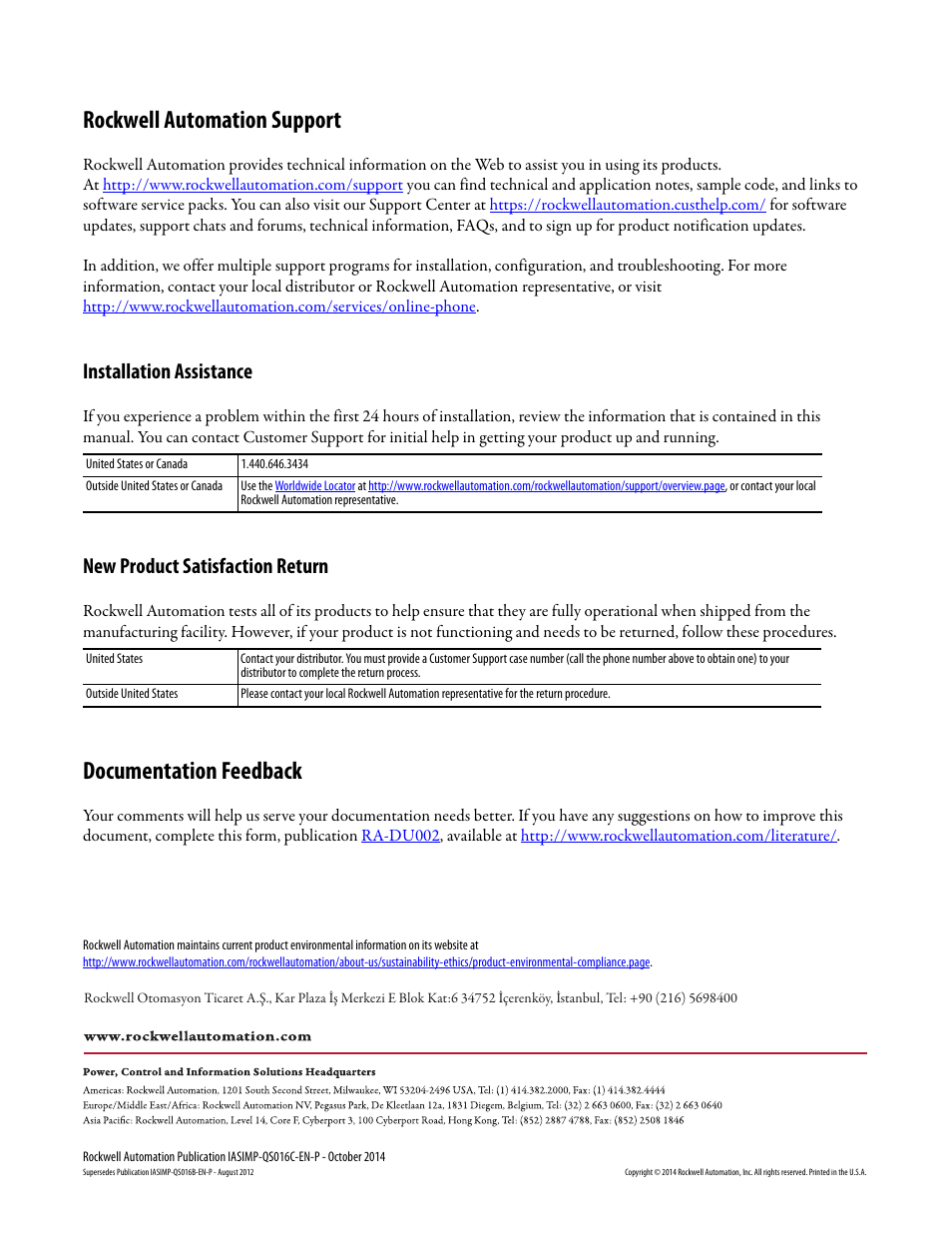 Back cover, Rockwell automation support, Documentation feedback | Installation assistance, New product satisfaction return | Rockwell Automation Energy Management Accelerator Toolkit Quick Start User Manual | Page 452 / 452