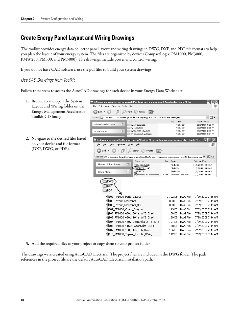 Create energy panel layout and wiring drawings, Create energy panel layout and wiring, Drawings | Rockwell Automation Energy Management Accelerator Toolkit Quick Start User Manual | Page 48 / 452