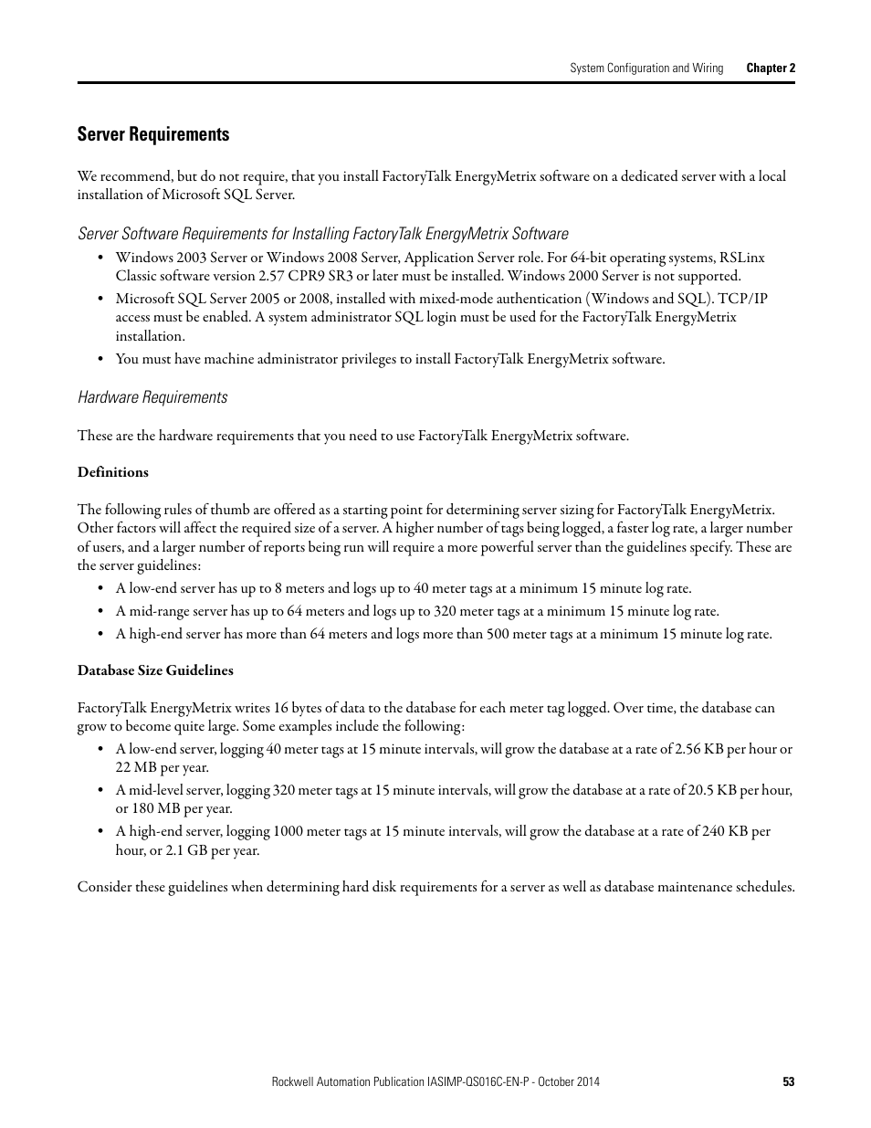 Server requirements | Rockwell Automation Energy Management Accelerator Toolkit Quick Start User Manual | Page 53 / 452