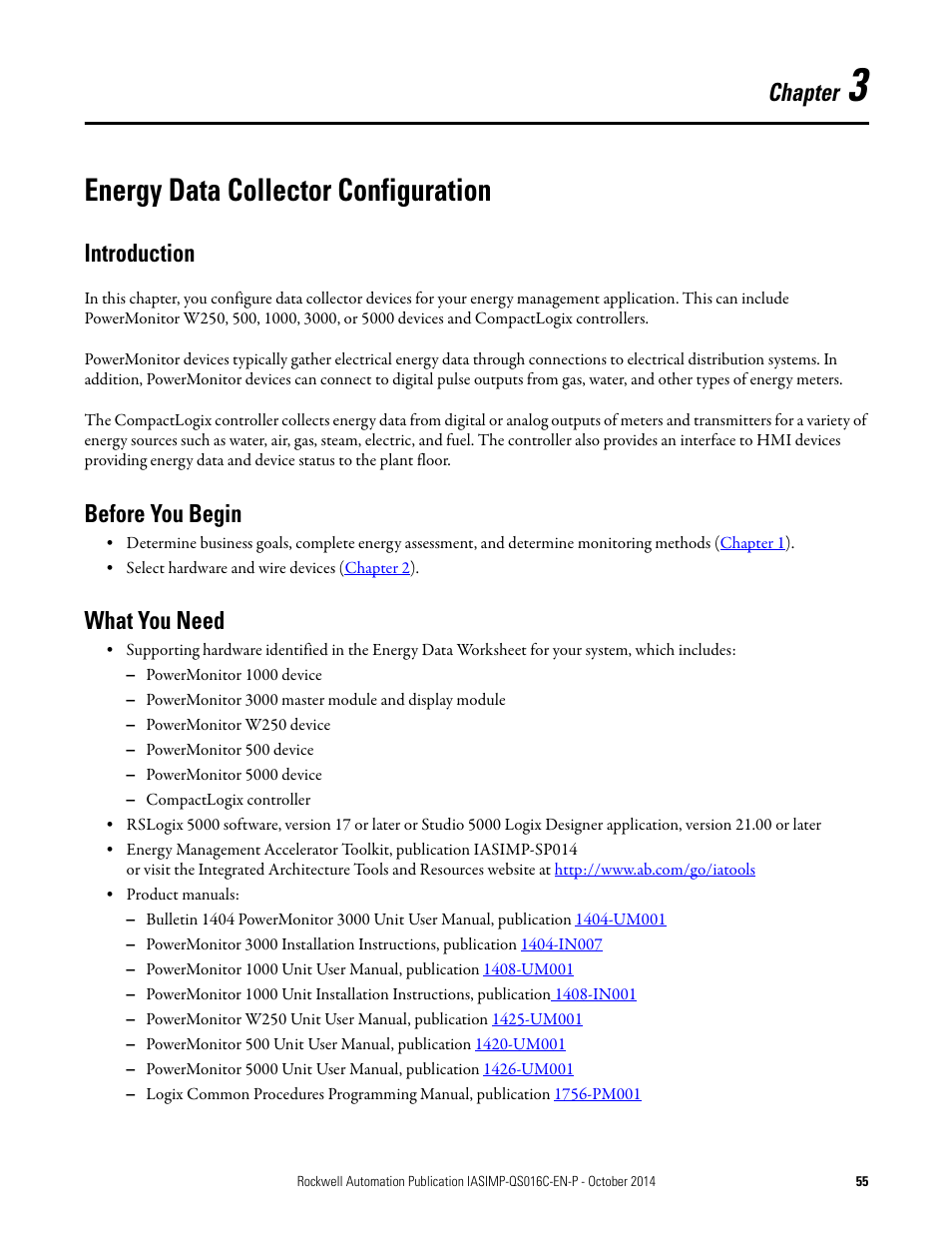 3 - energy data collector configuration, Introduction, Before you begin | What you need, Chapter 3, Energy data collector configuration, Introduction before you begin what you need, Chapter | Rockwell Automation Energy Management Accelerator Toolkit Quick Start User Manual | Page 55 / 452