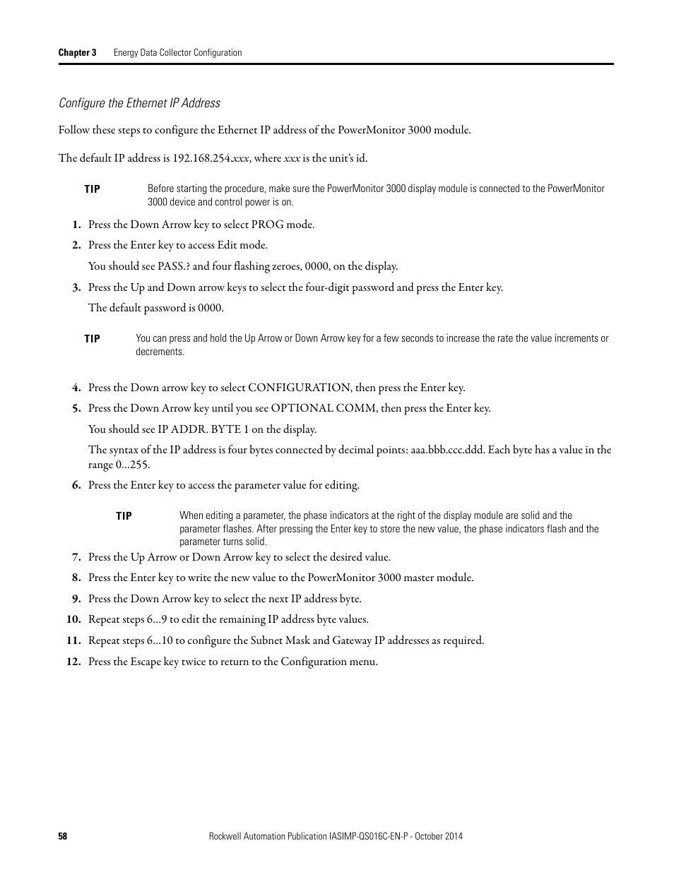 Configure the ethernet ip, Address | Rockwell Automation Energy Management Accelerator Toolkit Quick Start User Manual | Page 58 / 452