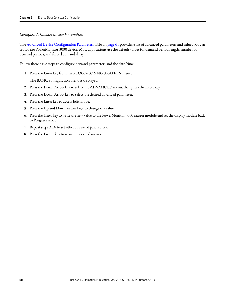 Configure advanced device, Parameters | Rockwell Automation Energy Management Accelerator Toolkit Quick Start User Manual | Page 60 / 452
