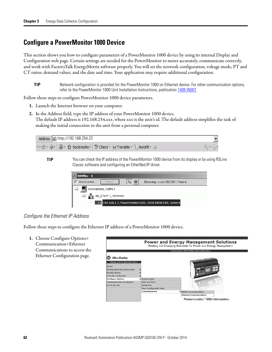 Configure a powermonitor 1000 device, Configure the ethernet ip, Address | Configure a powermonitor 1000, Device | Rockwell Automation Energy Management Accelerator Toolkit Quick Start User Manual | Page 62 / 452
