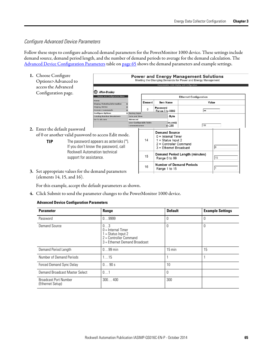 Configure advanced device, Parameters | Rockwell Automation Energy Management Accelerator Toolkit Quick Start User Manual | Page 65 / 452