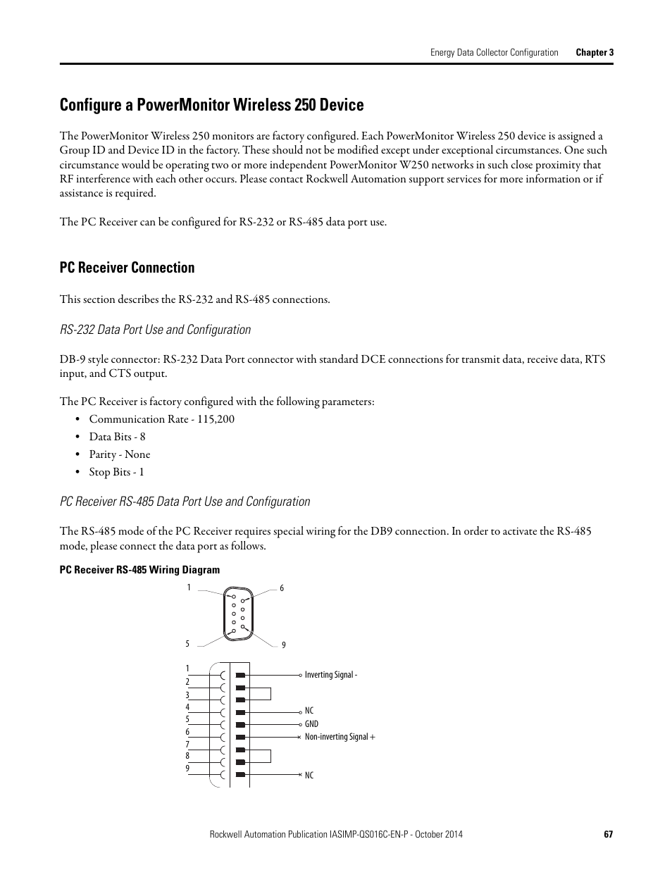 Configure a powermonitor wireless 250 device, Pc receiver connection, Rs-232 data port use and | Configuration, Configure a powermonitor, Wireless 250 device, Pc receiver rs-485 data port, Use and configuration | Rockwell Automation Energy Management Accelerator Toolkit Quick Start User Manual | Page 67 / 452