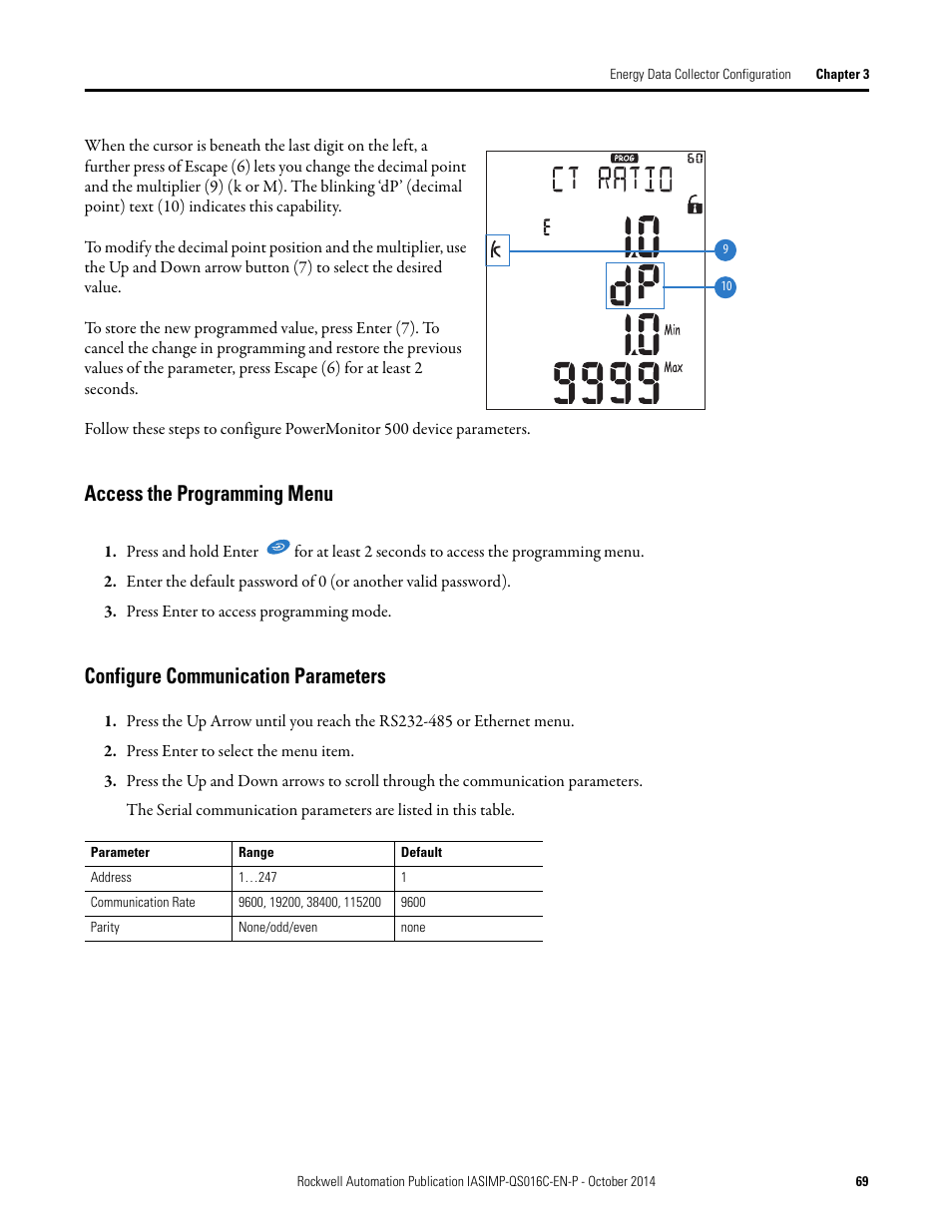 Configure communication, Parameters, Access the programming | Menu, Access the programming menu, Configure communication parameters | Rockwell Automation Energy Management Accelerator Toolkit Quick Start User Manual | Page 69 / 452