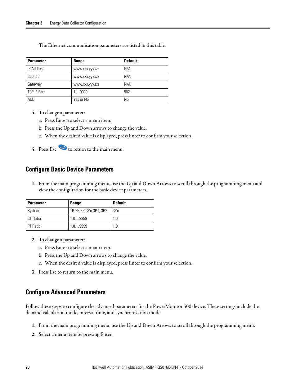 Configure basic device, Parameters, Configure advanced parameters | Configure basic device parameters | Rockwell Automation Energy Management Accelerator Toolkit Quick Start User Manual | Page 70 / 452