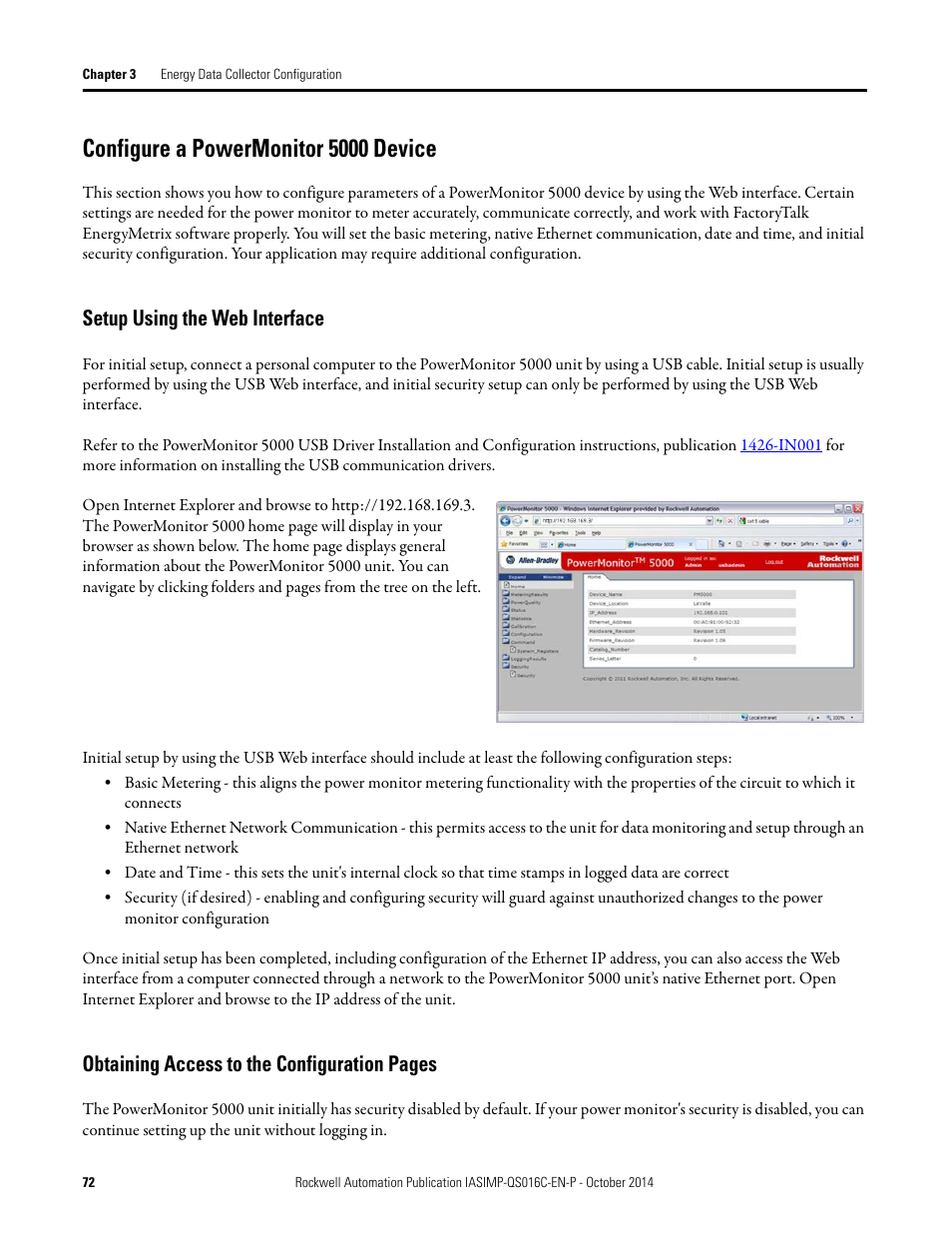 Configure a powermonitor 5000 device, Setup using the web interface, Configure a powermonitor 5000 | Device, Obtaining access to the, Obtaining access to the configuration pages | Rockwell Automation Energy Management Accelerator Toolkit Quick Start User Manual | Page 72 / 452