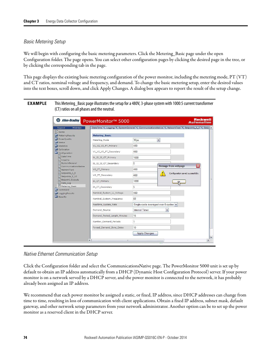 Basic metering setup, Native ethernet communication, Setup | Rockwell Automation Energy Management Accelerator Toolkit Quick Start User Manual | Page 74 / 452