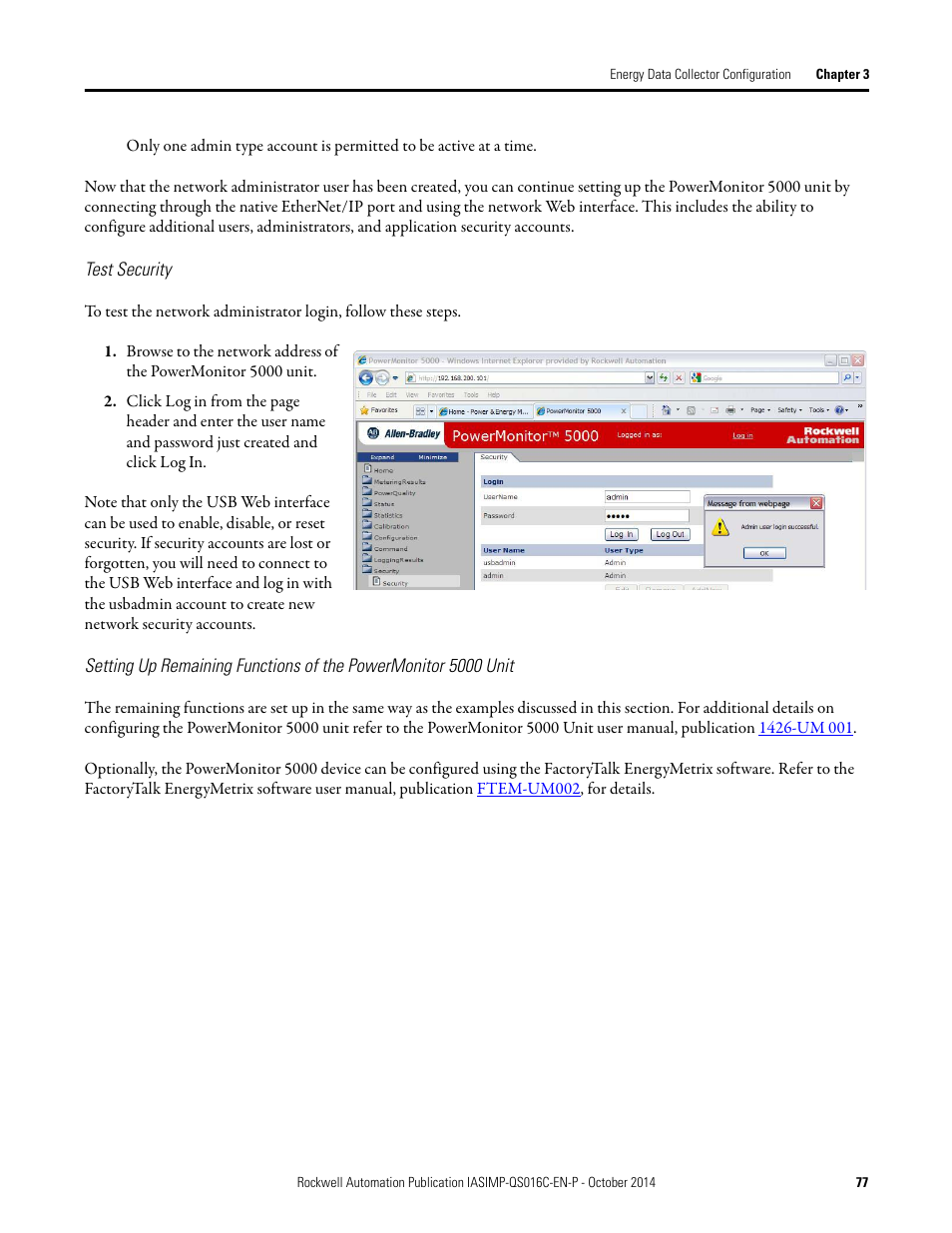 Test security, Setting up remaining functions, Of the powermonitor 5000 unit | Rockwell Automation Energy Management Accelerator Toolkit Quick Start User Manual | Page 77 / 452