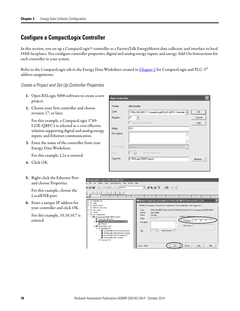 Configure a compactlogix controller, Create a project and set up, Controller properties | Configure a compactlogix, Controller | Rockwell Automation Energy Management Accelerator Toolkit Quick Start User Manual | Page 78 / 452