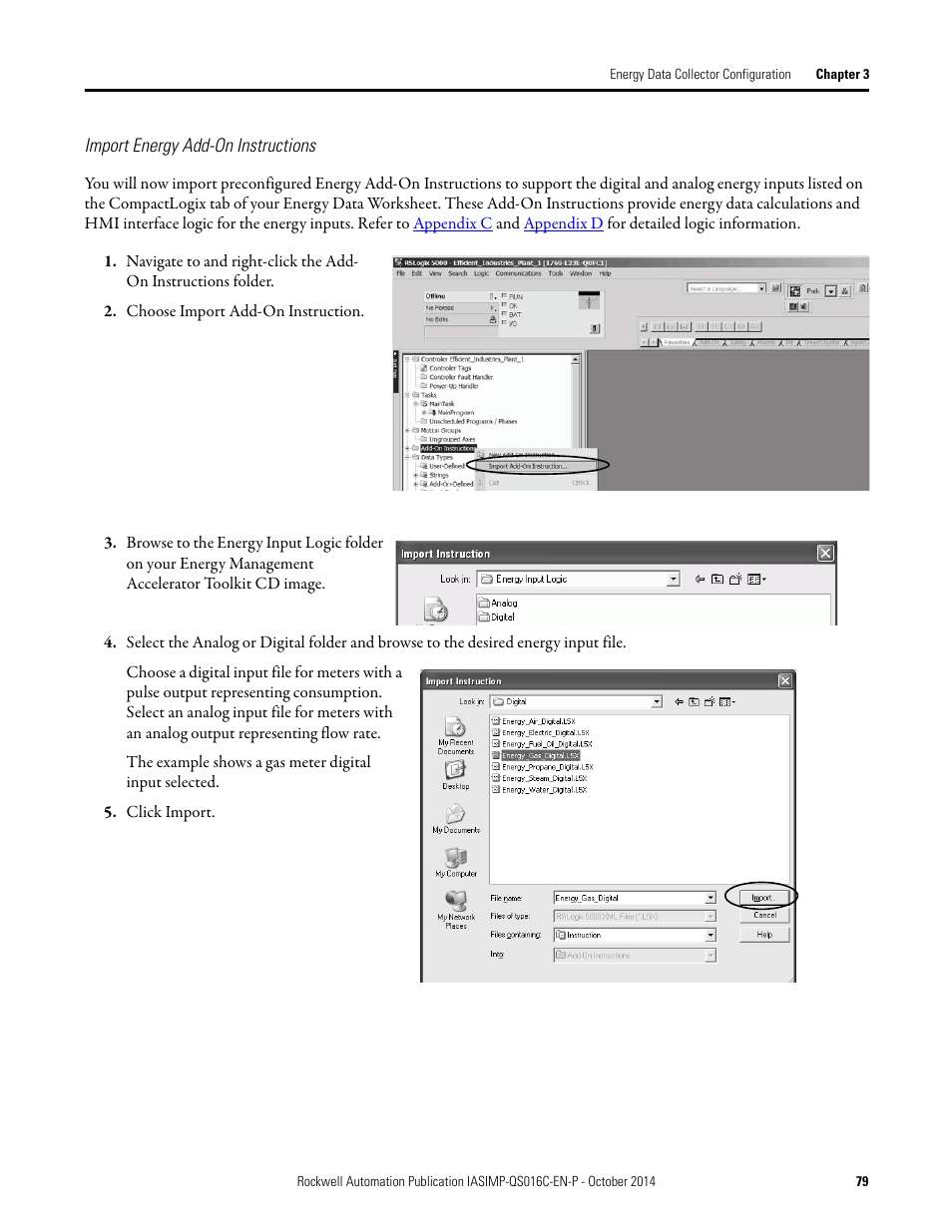 Import energy add-on, Instructions | Rockwell Automation Energy Management Accelerator Toolkit Quick Start User Manual | Page 79 / 452